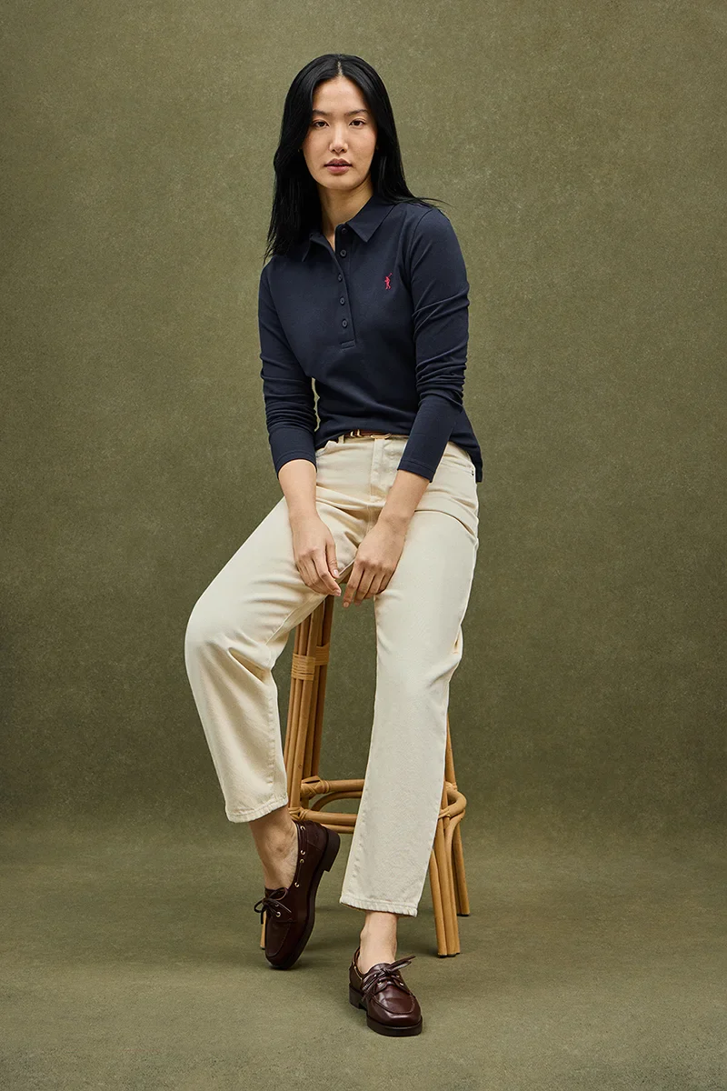 Navy-blue long-sleeve slim-fit polo shirt with Rigby Go embroidery - Image 2