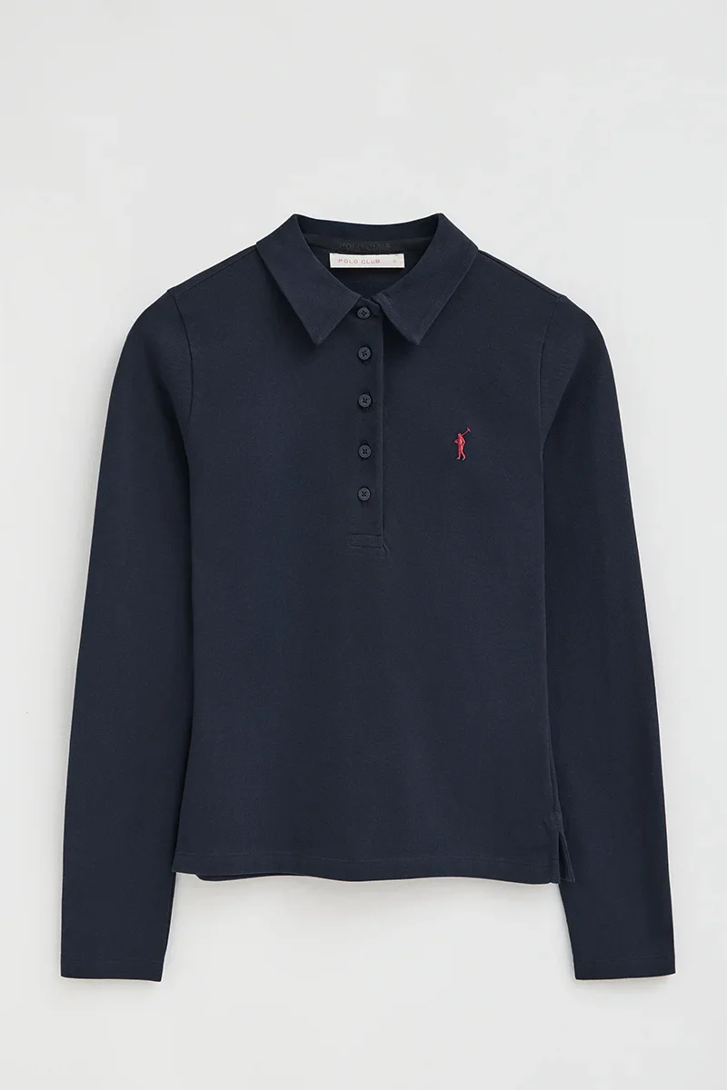 Navy-blue long-sleeve slim-fit polo shirt with Rigby Go embroidery - Image 6
