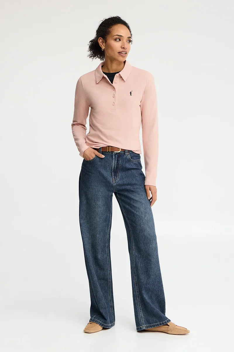 Pale-pink long-sleeve slim-fit polo shirt with Rigby Go embroidery - Image 3