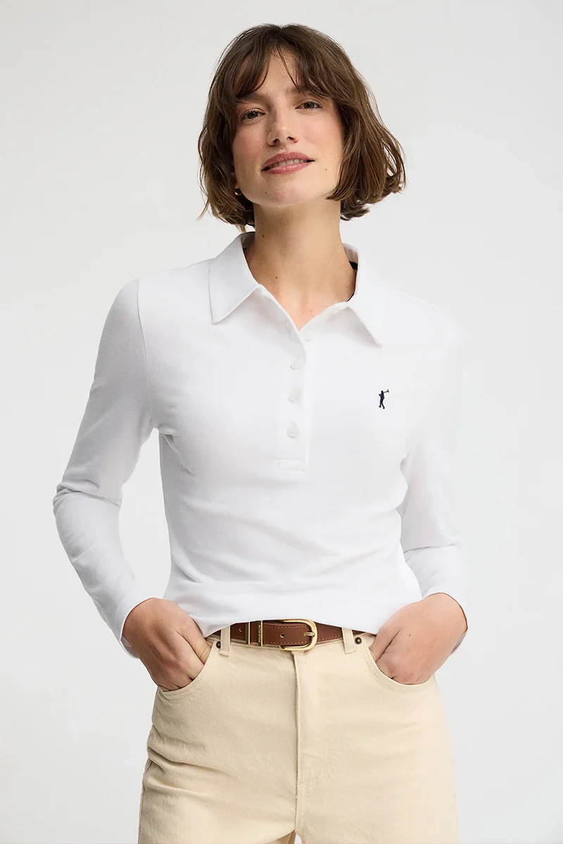 White long-sleeve slim-fit polo shirt with Rigby Go embroidery