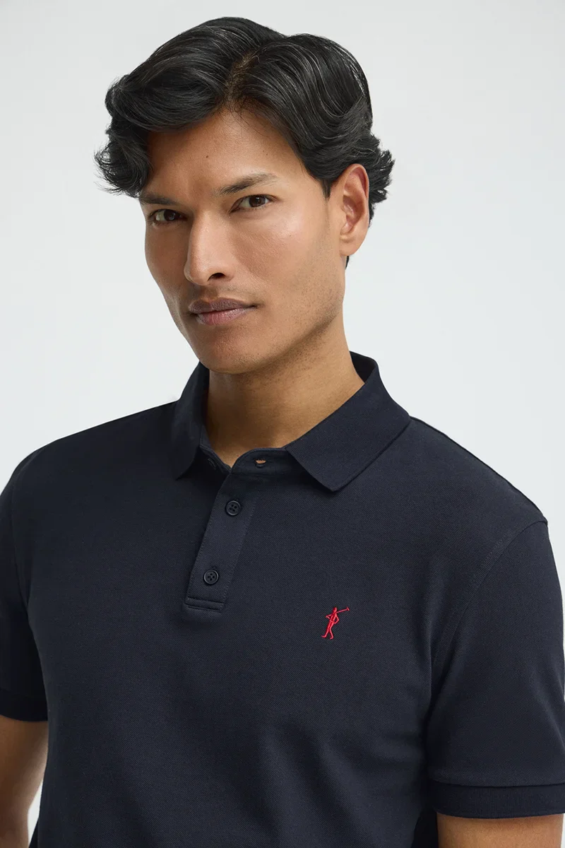 Navy-blue slim-fit polo shirt with Rigby Go embroidery