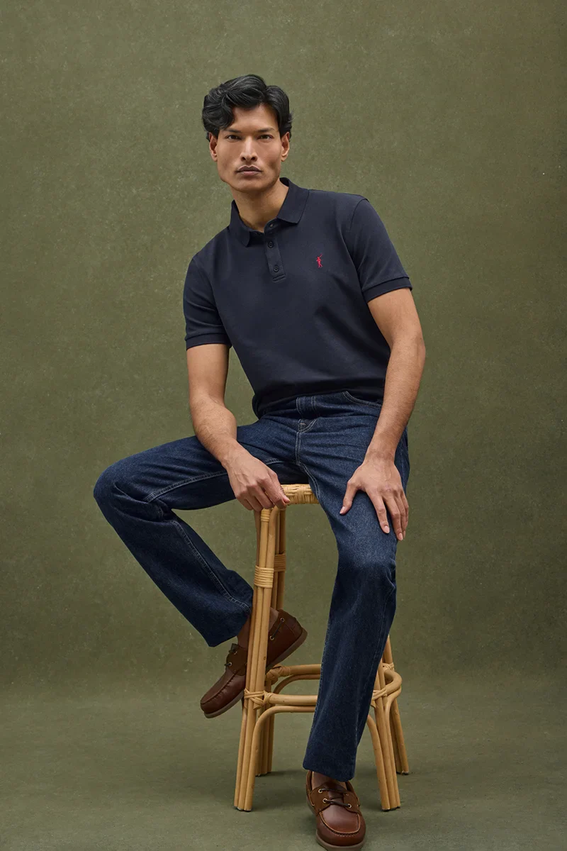 Navy-blue slim-fit polo shirt with Rigby Go embroidery - Image 2