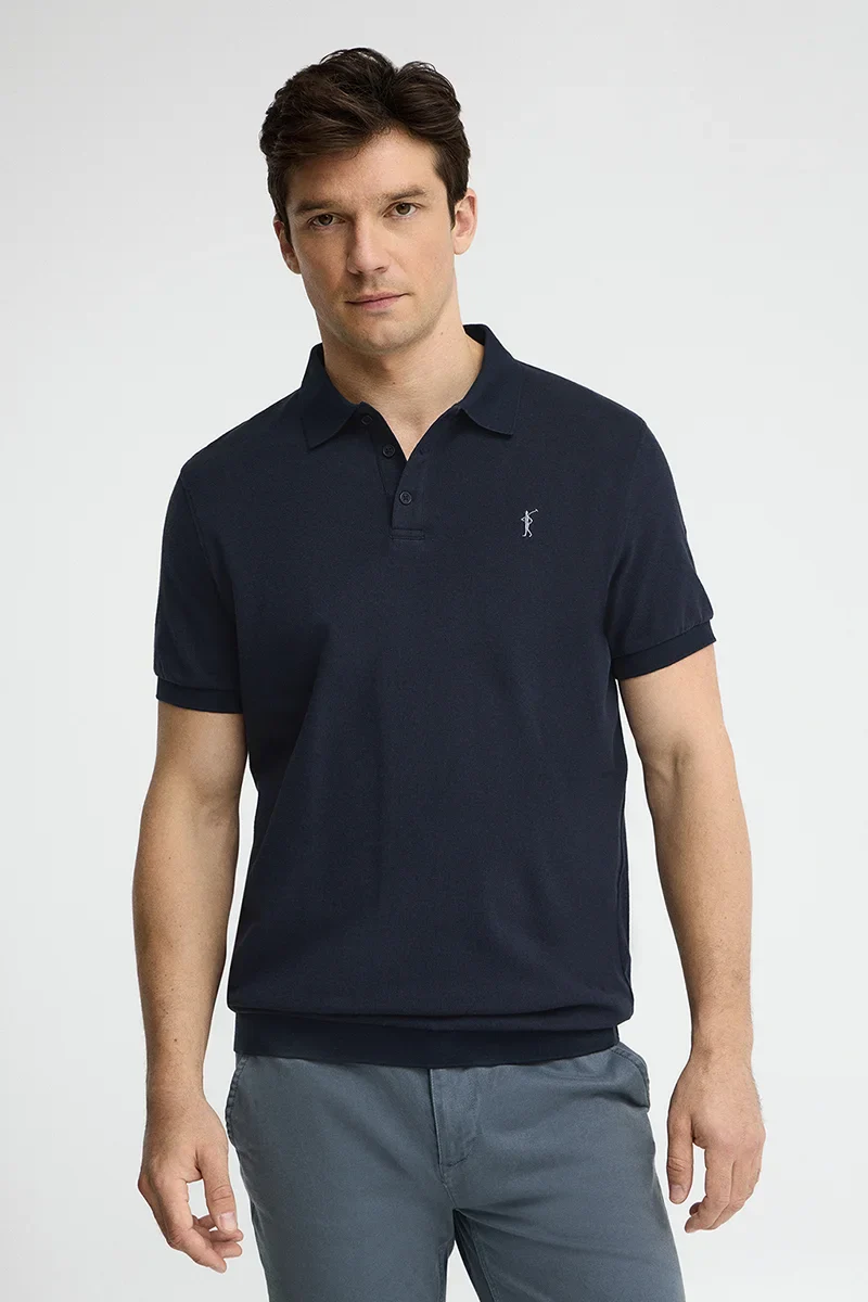 Navy-blue cotton-linen polo shirt with Rigby Go embroidery