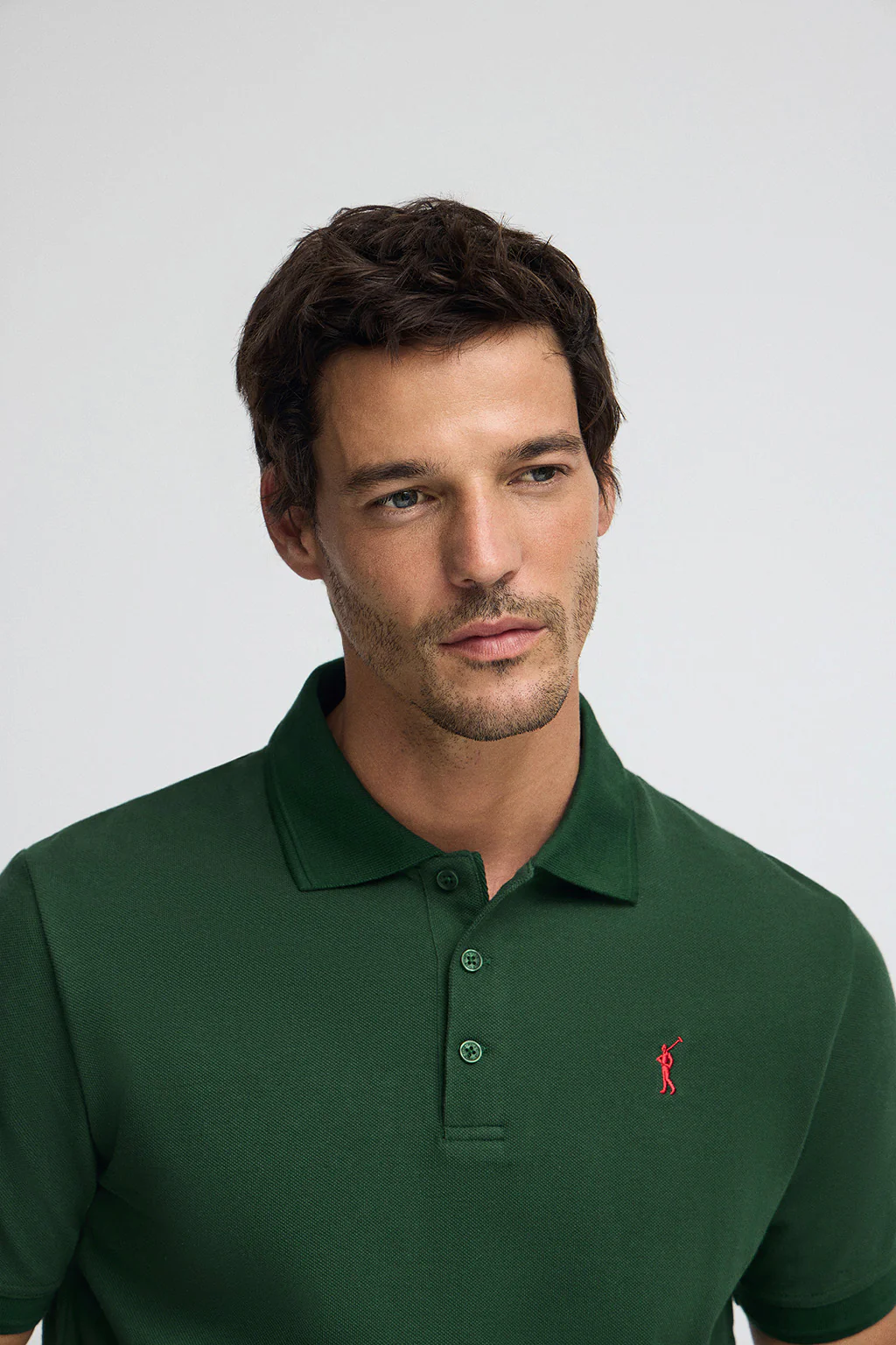 Bottle-green pique polo shirt with Rigby Go embroidered logo