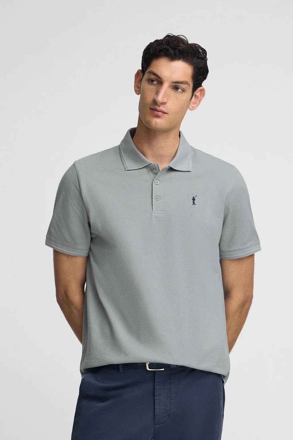 Blueish-grey pique polo shirt with Rigby Go embroidered logo