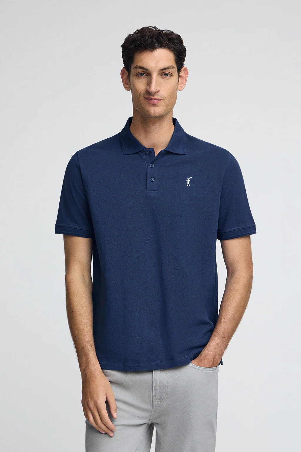 Indigo-blue pique polo shirt with Rigby Go embroidered logo