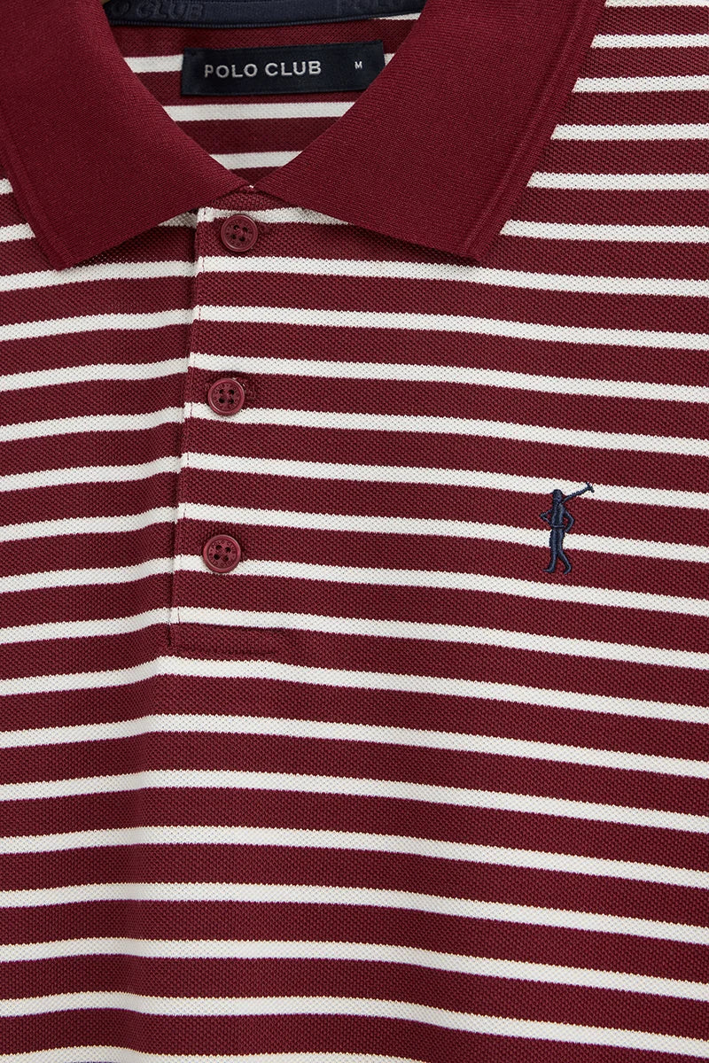 Striped polo shirt in maroon and nude with Rigby Go embroidered logo - Image 2
