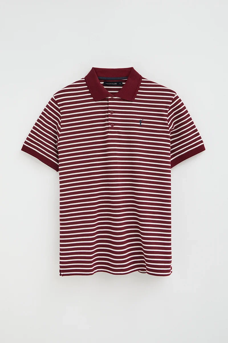 Striped polo shirt in maroon and nude with Rigby Go embroidered logo - Image 5