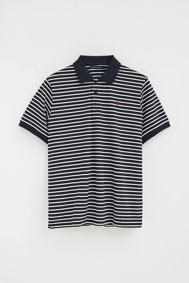 Striped polo shirt in navy blue and nude with Rigby Go embroidered logo - Image 10