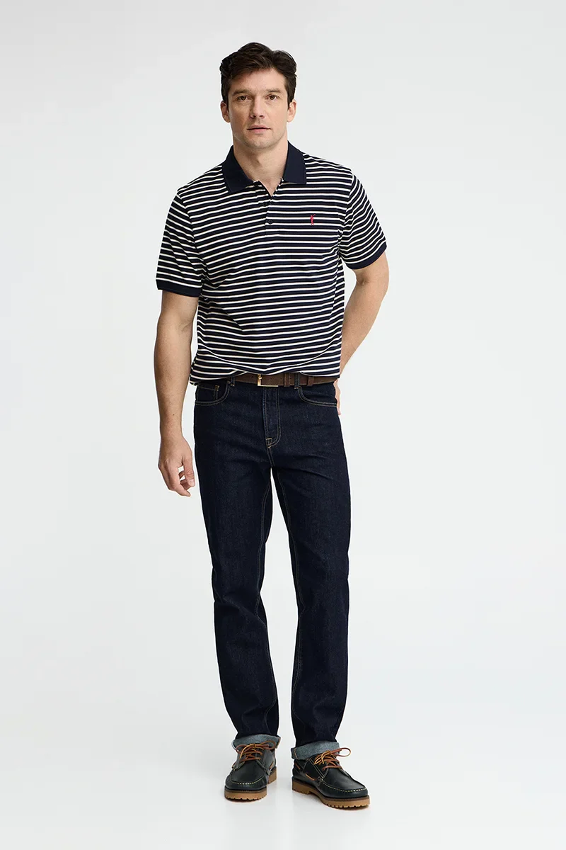 Striped polo shirt in navy blue and nude with Rigby Go embroidered logo - Image 4