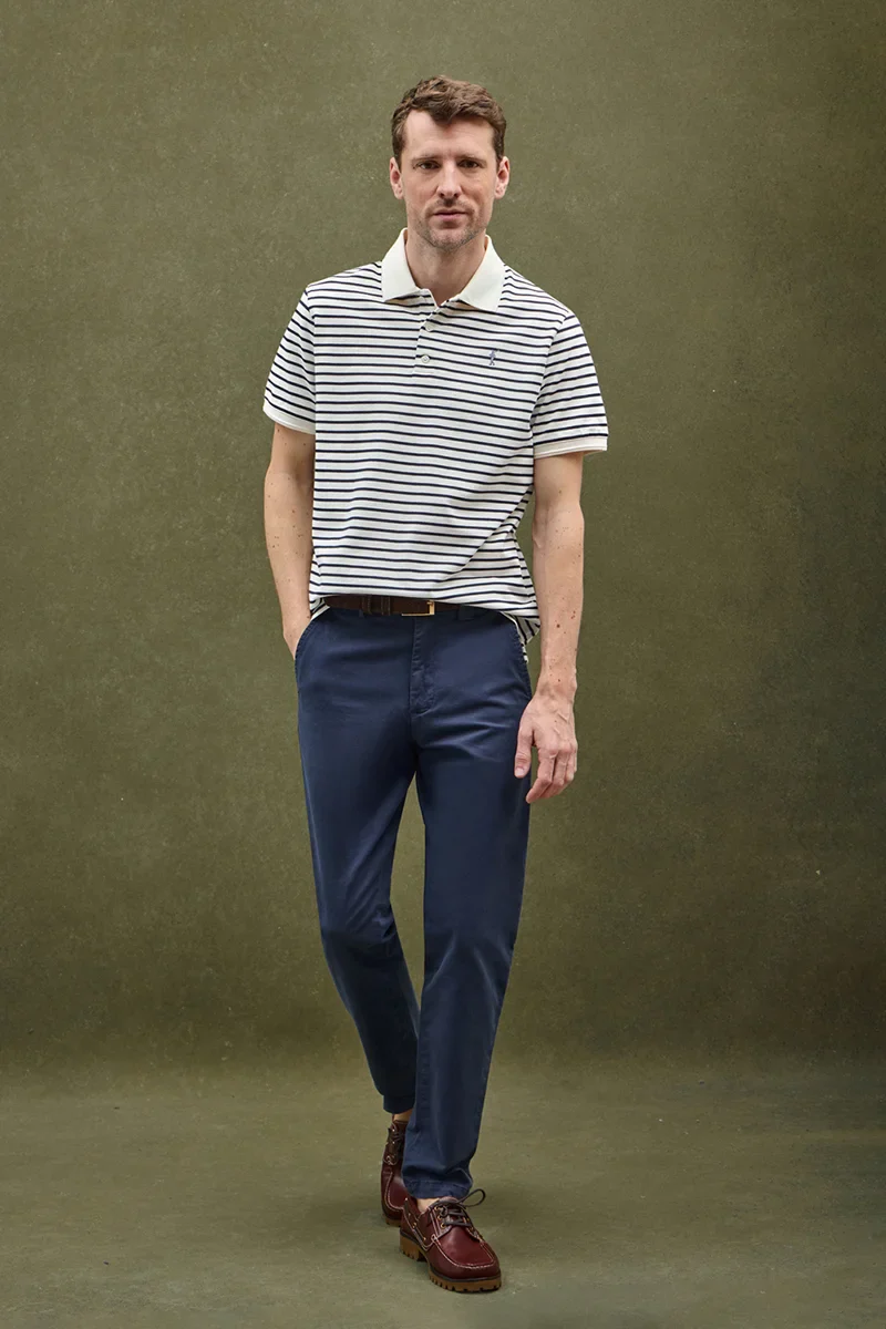 Striped polo shirt in nude and navy blue with Rigby Go embroidered logo