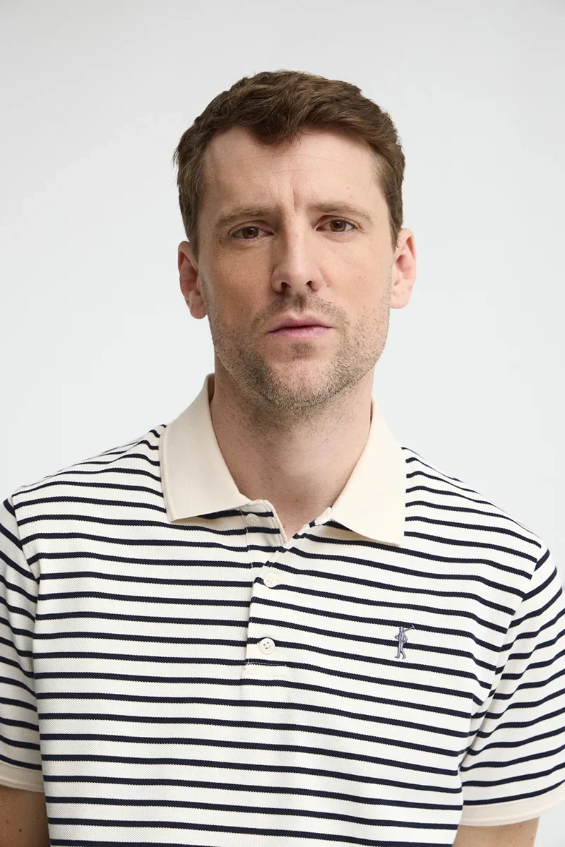 Striped polo shirt in nude and navy blue with Rigby Go embroidered logo - Image 3