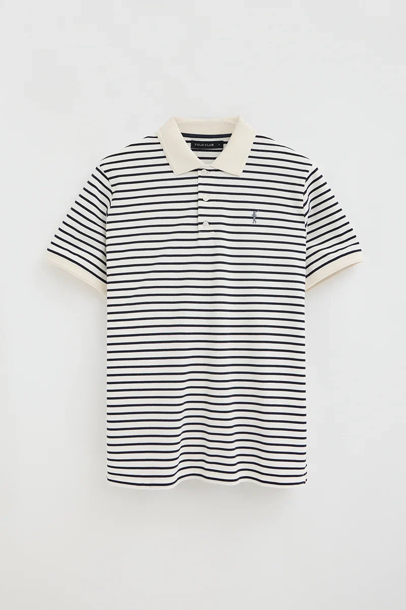 Striped polo shirt in nude and navy blue with Rigby Go embroidered logo - Image 6