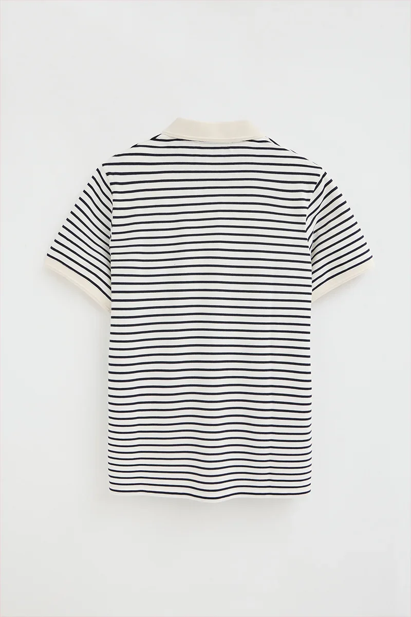 Striped polo shirt in nude and navy blue with Rigby Go embroidered logo - Image 8