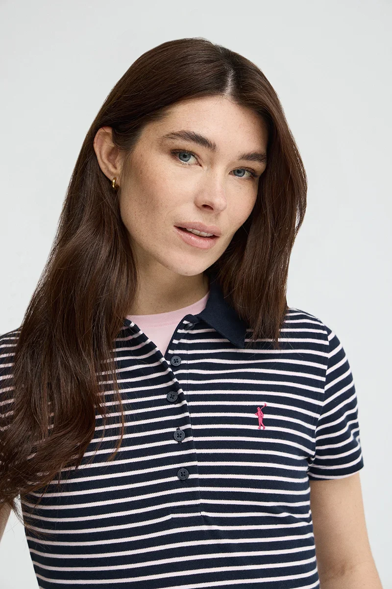 Striped slim-fit polo shirt in navy blue and light pink with Rigby Go embroidery - Image 3