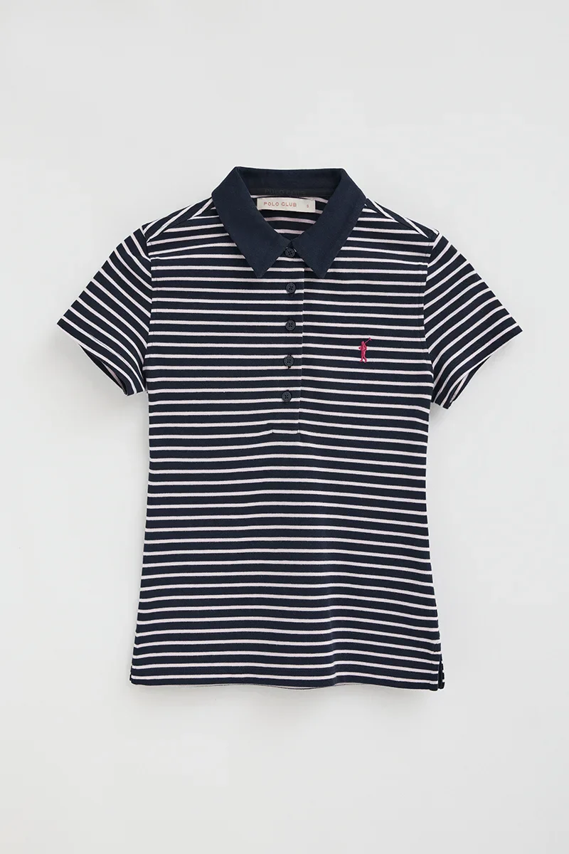 Striped slim-fit polo shirt in navy blue and light pink with Rigby Go embroidery - Image 6