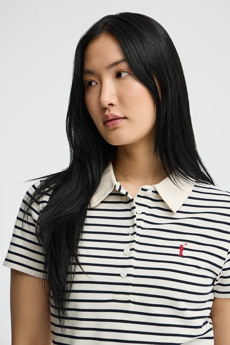 Striped slim-fit polo shirt in nude and navy blue with Rigby Go embroidery - Image 2