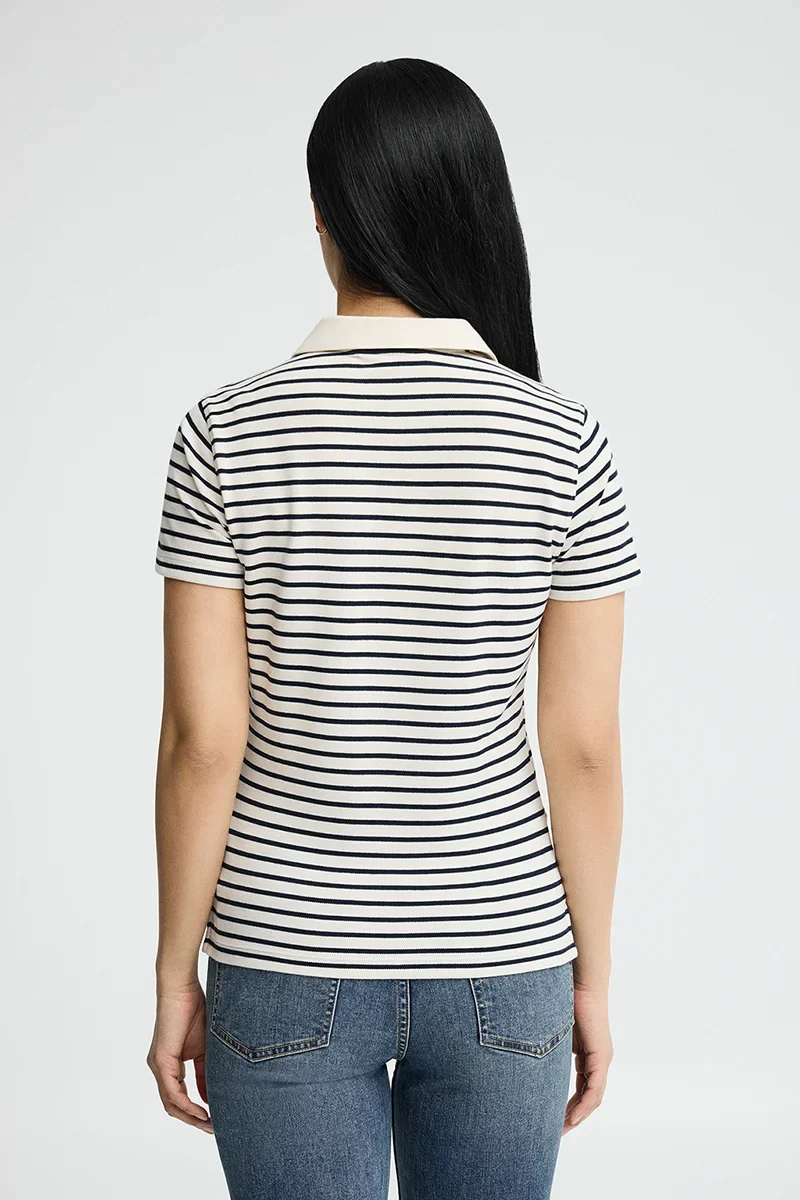 Striped slim-fit polo shirt in nude and navy blue with Rigby Go embroidery - Image 4