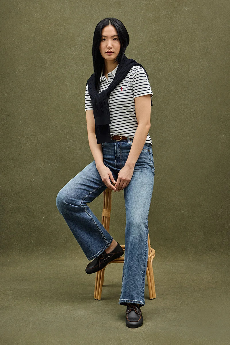 Striped slim-fit polo shirt in nude and navy blue with Rigby Go embroidery - Image 5