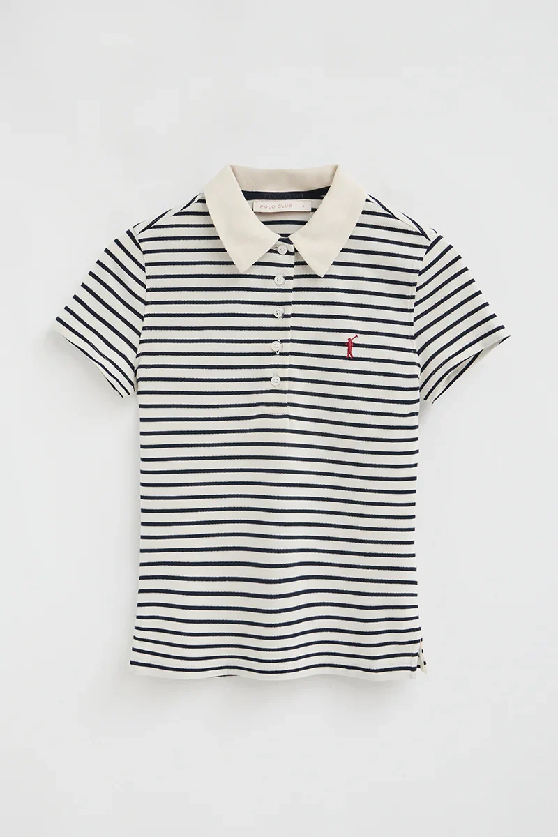 Striped slim-fit polo shirt in nude and navy blue with Rigby Go embroidery - Image 9