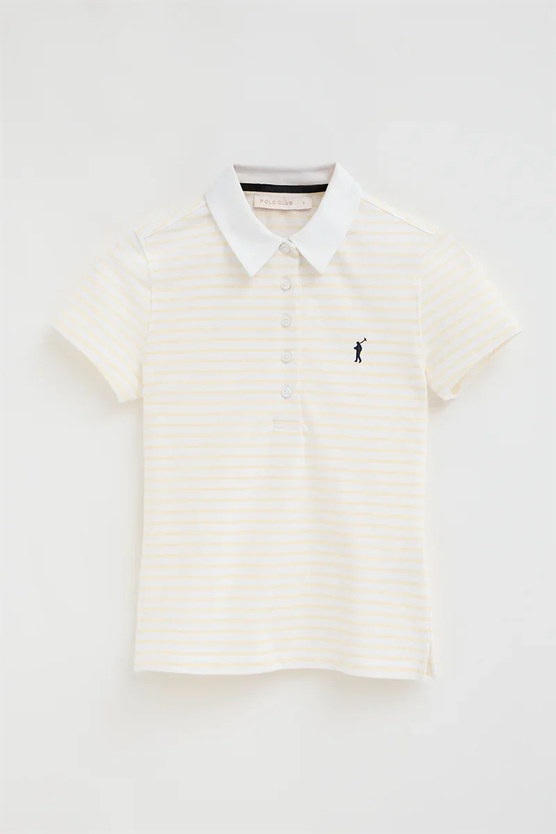 Striped slim-fit polo shirt in white and pastel yellow with Rigby Go embroidery - Image 8