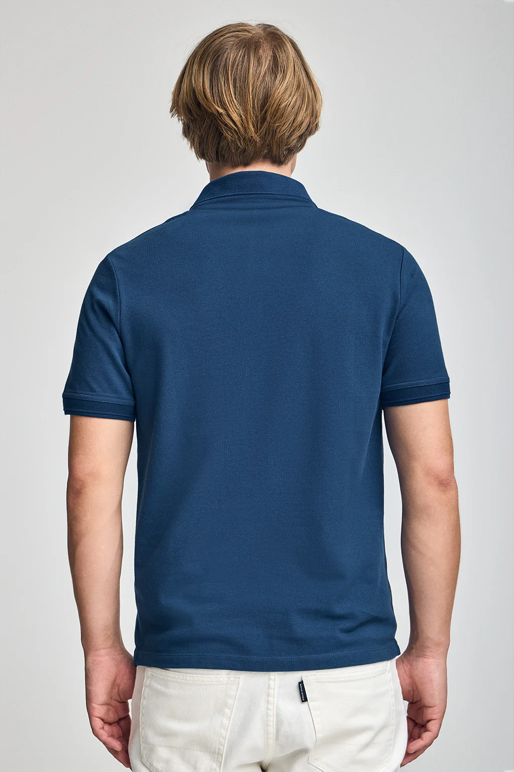 Indigo-blue short-sleeve polo shirt with three buttons and Rigby Go embroidered logo - Image 5
