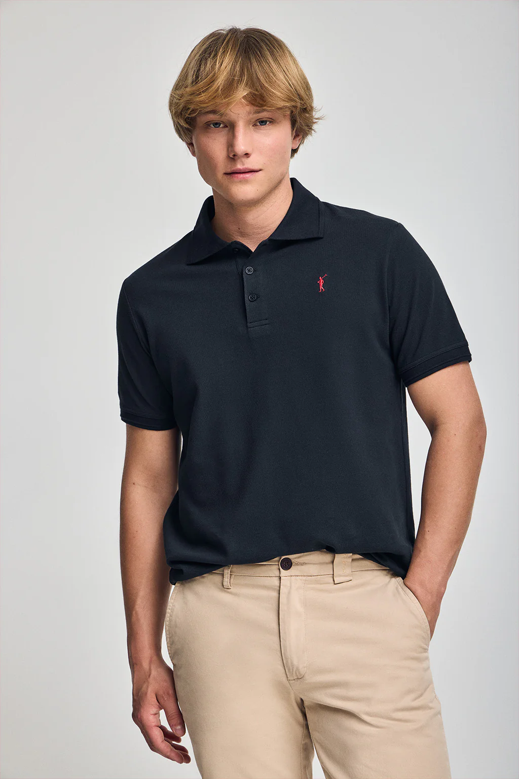 Navy-blue short-sleeve polo shirt with three buttons and Rigby Go embroidered logo - Image 2