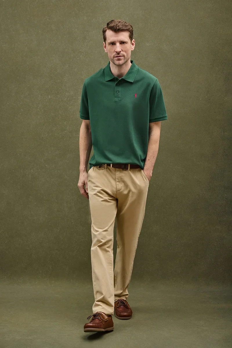 Bottle-green short-sleeve polo shirt with Rigby Go embroidered logo