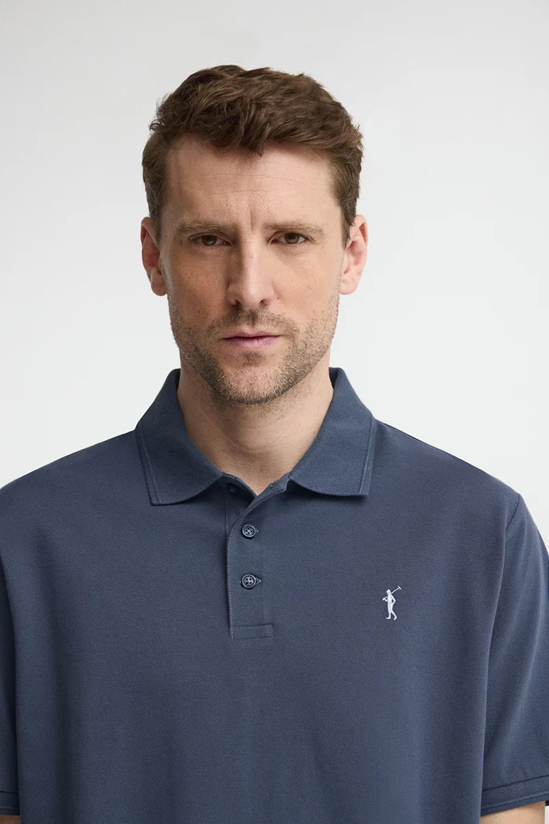 Denim-blue short-sleeve polo shirt with Rigby Go embroidered logo