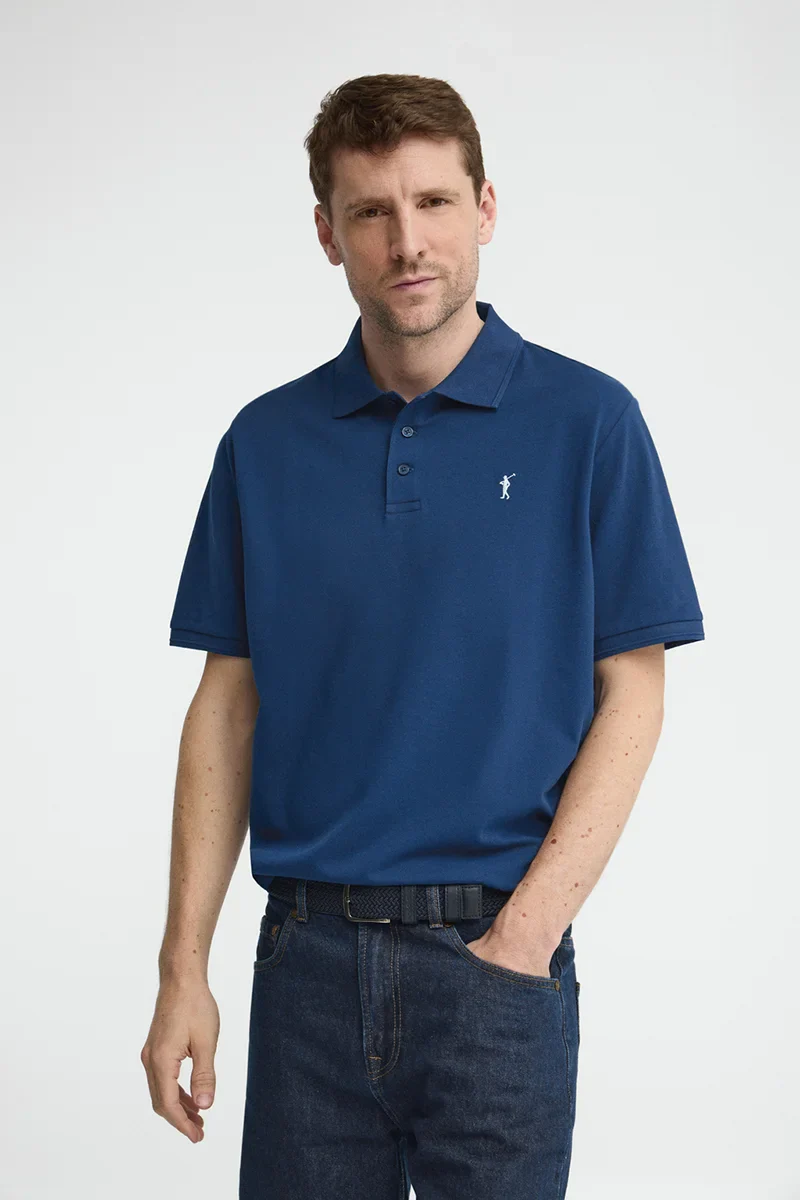 Indigo-blue short-sleeve polo shirt with Rigby Go embroidered logo