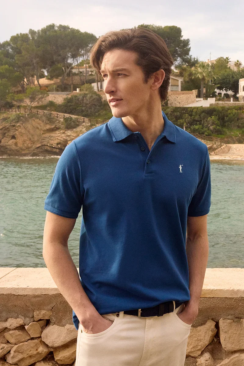 Indigo-blue short-sleeve polo shirt with Rigby Go embroidered logo - Image 6