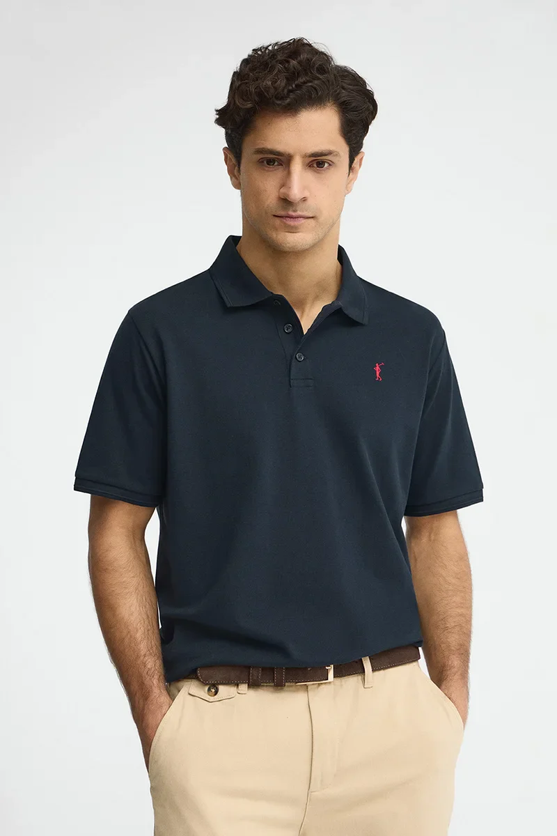 Navy-blue short-sleeve polo shirt with Rigby Go embroidered logo - Image 2