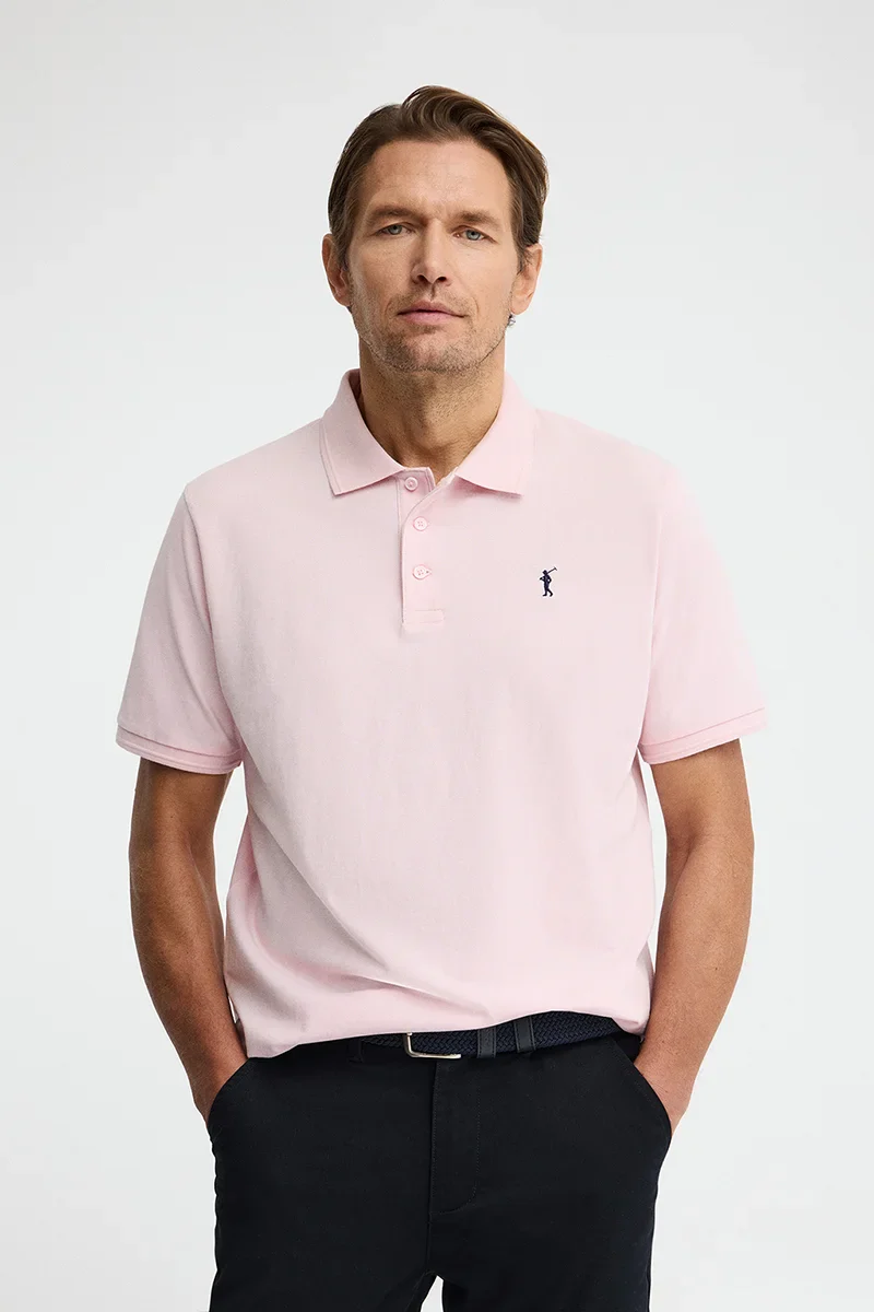 Pink short-sleeve polo shirt with Rigby Go embroidered logo