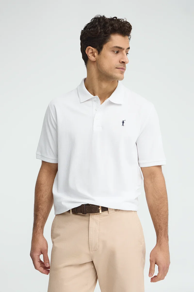 White short-sleeve polo shirt with Rigby Go embroidered logo