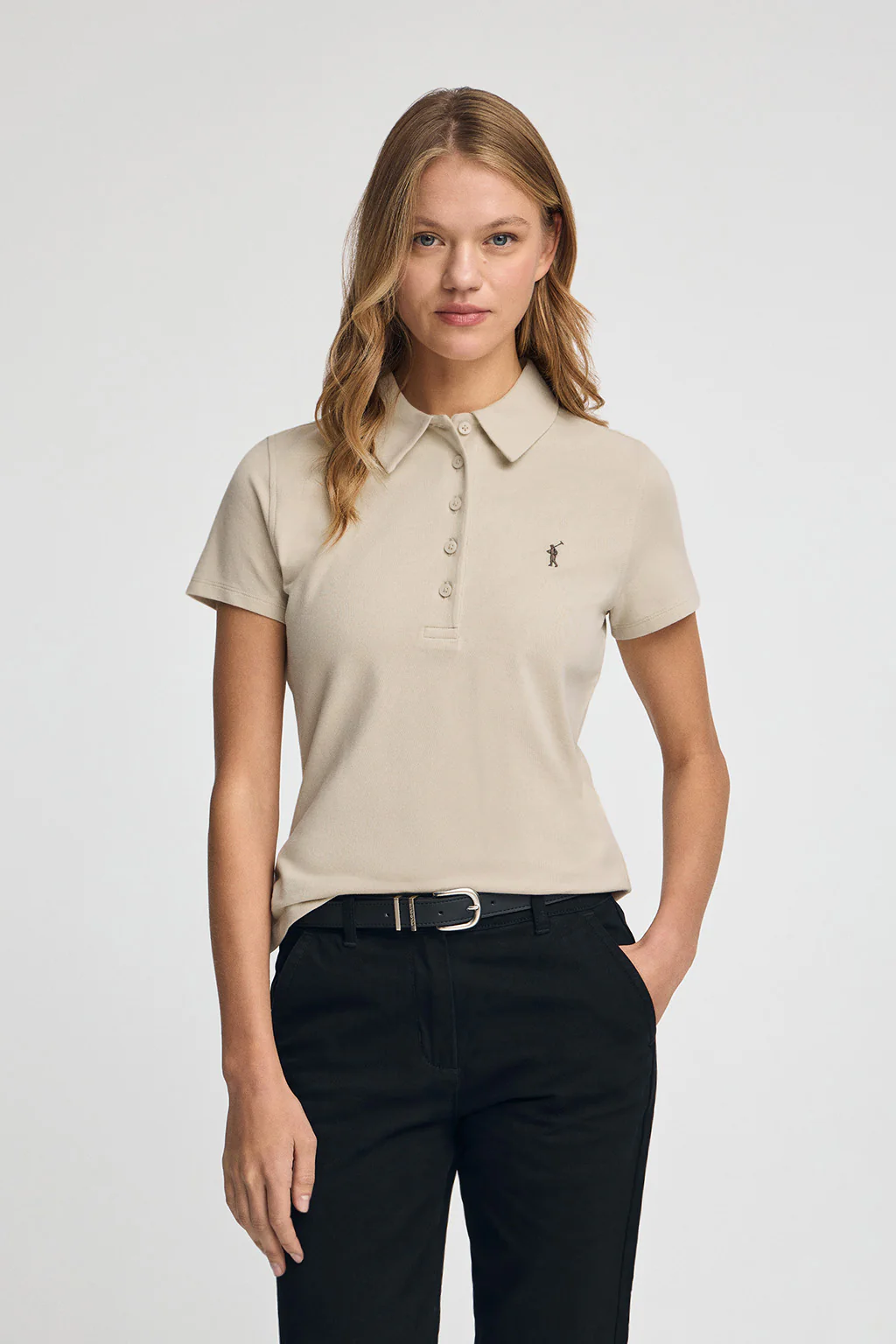 Beige pique polo shirt with five-button collar and Rigby Go embroidery