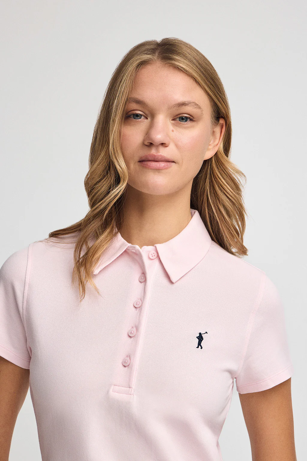 Pink pique polo shirt with five-button collar and Rigby Go embroidery