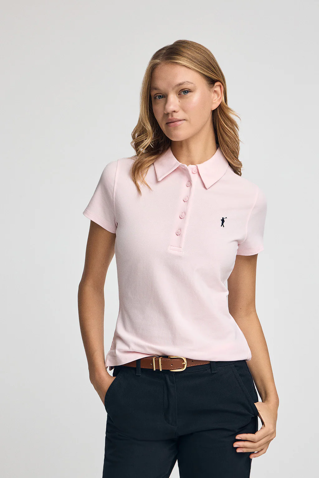 Pink pique polo shirt with five-button collar and Rigby Go embroidery - Image 2
