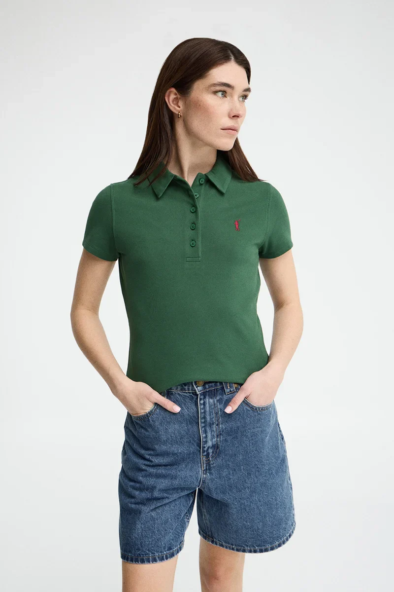 Bottle-green short-sleeve polo shirt with slim fit and Rigby Go embroidery
