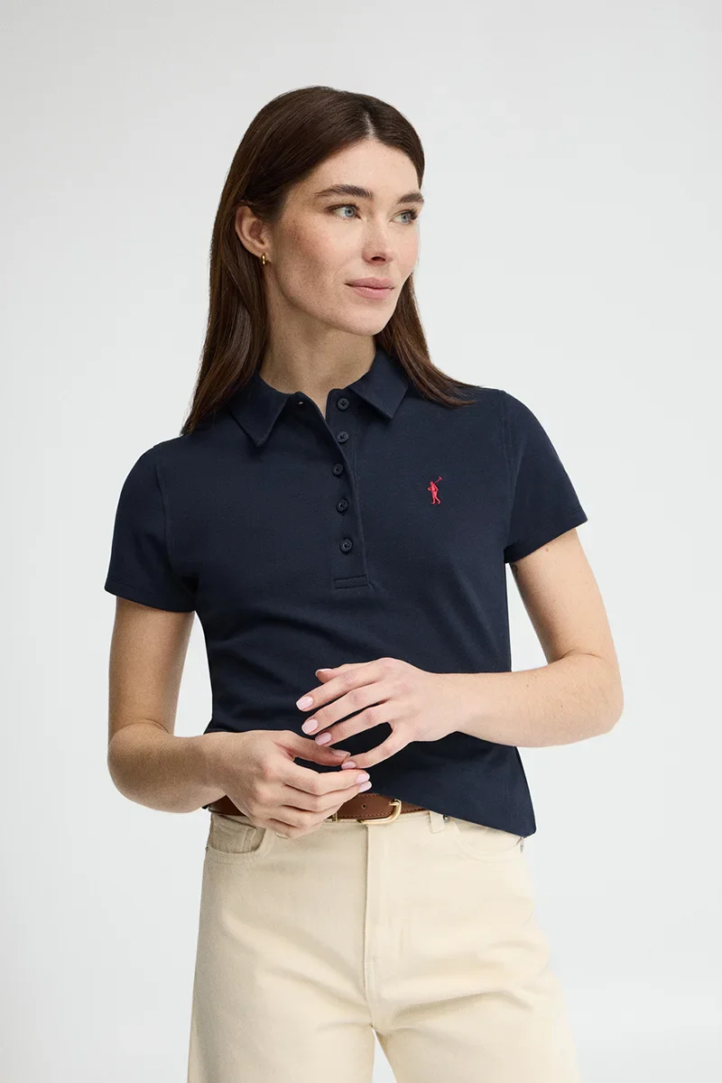 Navy-blue short-sleeve polo shirt with slim fit and Rigby Go embroidery