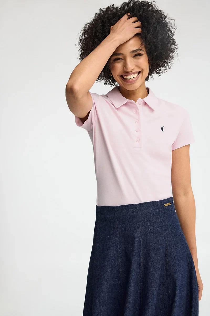 Pink short-sleeve polo shirt with slim fit and Rigby Go embroidery - Image 2