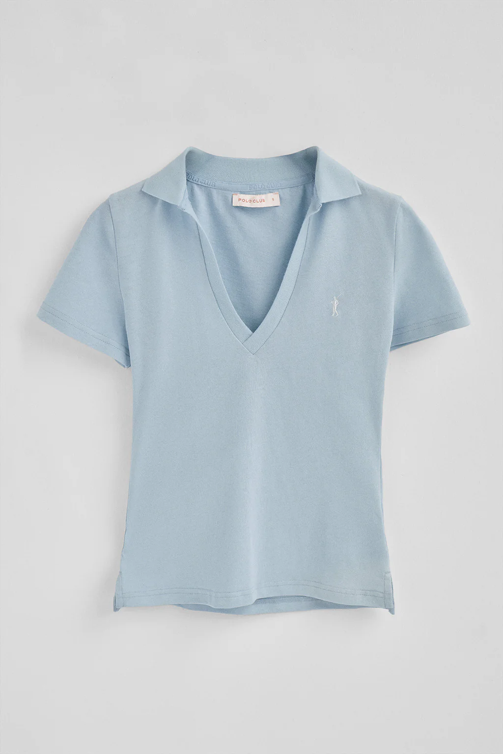 Light-blue buttonless polo shirt in linen and cotton with Rigby Go embroidered logo