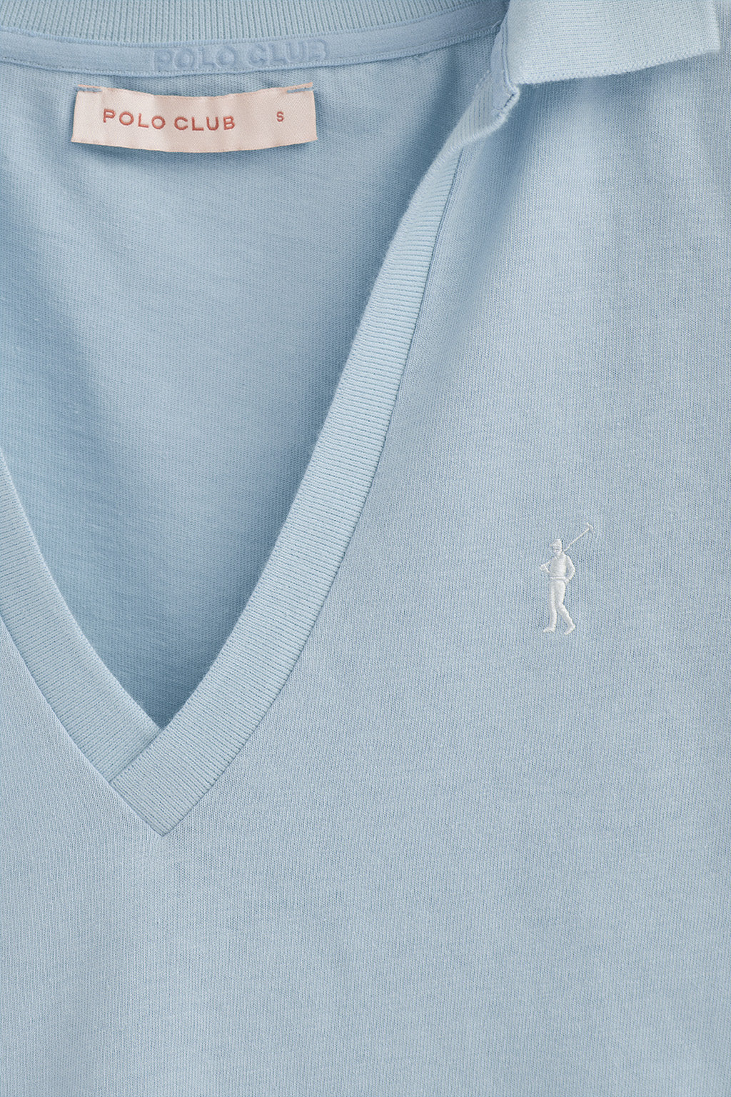 Light-blue buttonless polo shirt in linen and cotton with Rigby Go embroidered logo - Image 3