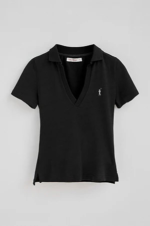 Black buttonless polo shirt in linen and cotton with Rigby Go embroidered logo - Image 5