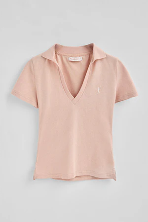 Blush-pink buttonless polo shirt in linen and cotton with Rigby Go embroidered logo - Image 5