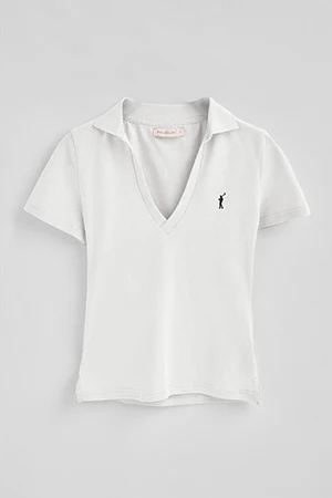 White buttonless polo shirt in linen and cotton with Rigby Go embroidered logo - Image 5