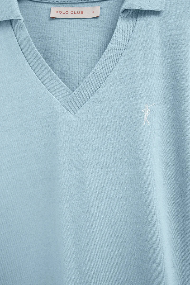 Light-blue cotton-linen polo shirt with buttonless collar and Rigby Go embroidery - Image 6