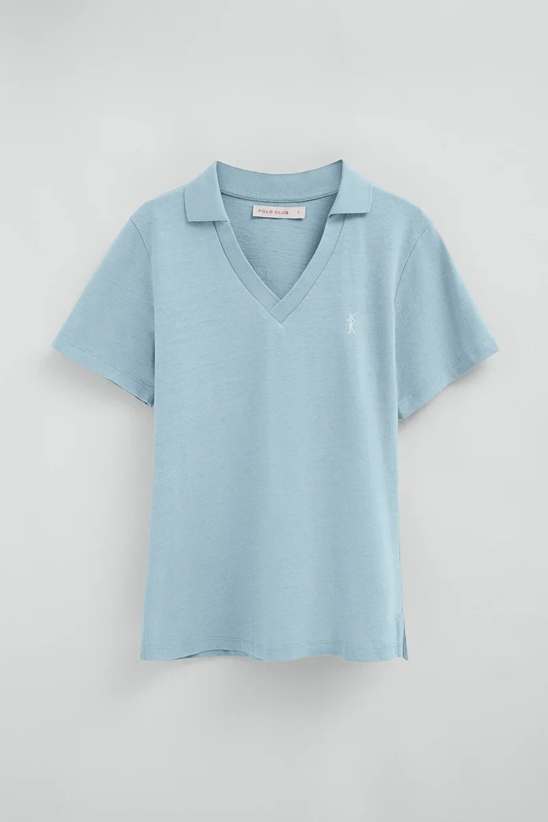 Light-blue cotton-linen polo shirt with buttonless collar and Rigby Go embroidery - Image 8