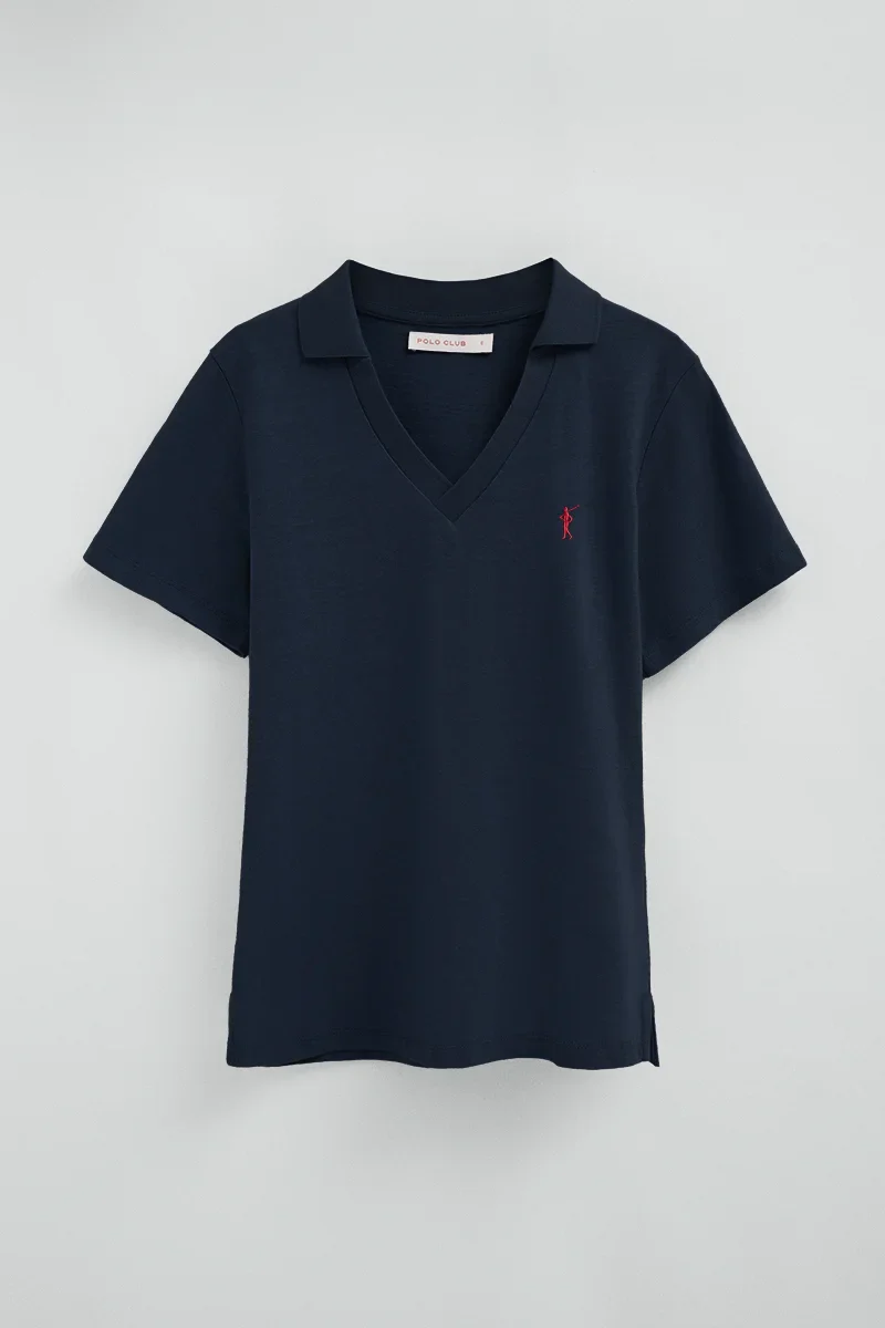 Navy-blue cotton-linen polo shirt with buttonless collar and Rigby Go embroidery