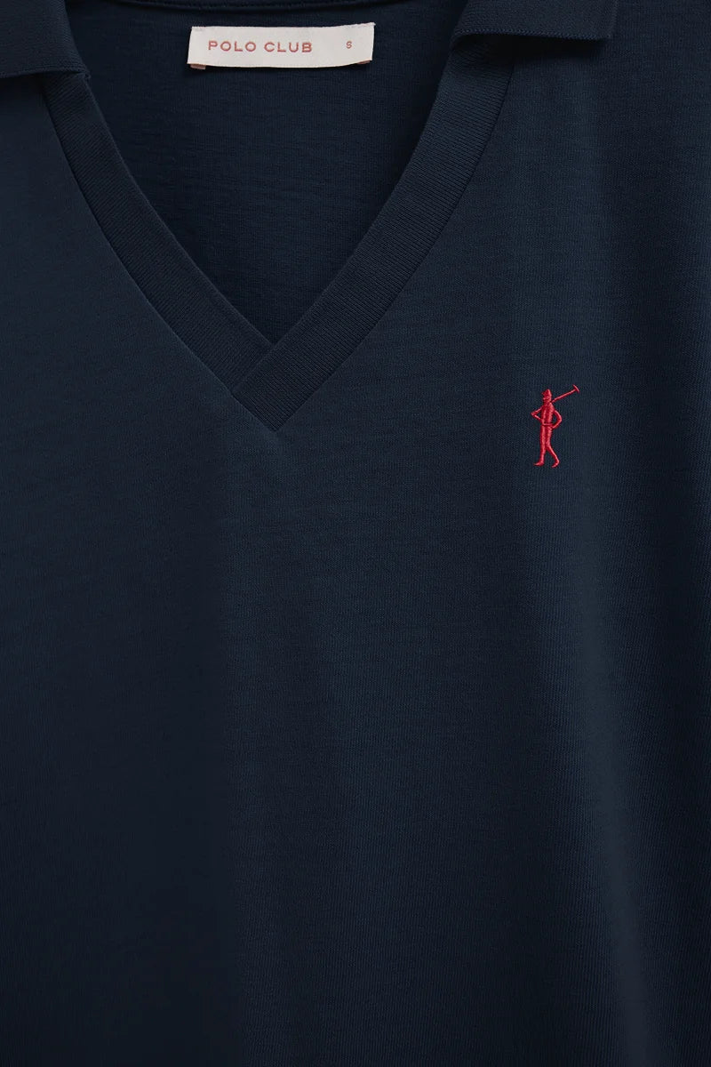 Navy-blue cotton-linen polo shirt with buttonless collar and Rigby Go embroidery - Image 2