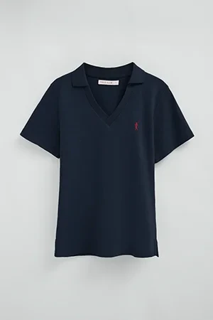 Navy-blue cotton-linen polo shirt with buttonless collar and Rigby Go embroidery - Image 5